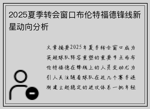 2025夏季转会窗口布伦特福德锋线新星动向分析 2025夏季转会窗口布伦特福德锋线新星动向分析